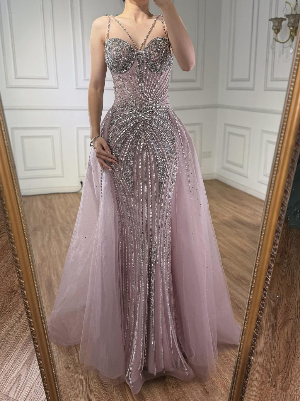 Luxury Nude Spaghetti Strap Mermaid Evening Dress with Overskirt Beaded CLA73090A