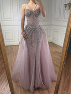 Luxury Nude Spaghetti Strap Mermaid Evening Dress with Overskirt Beaded CLA73090A