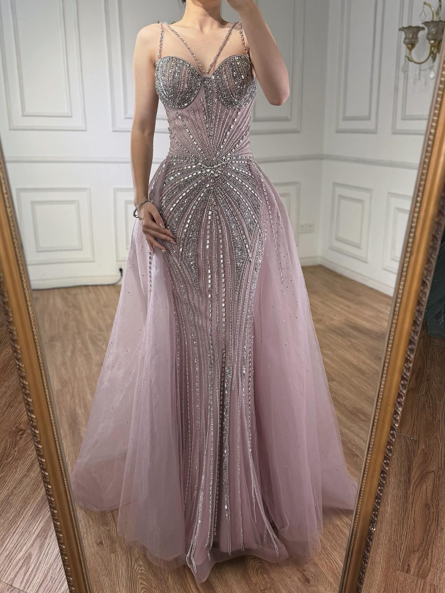 Luxury Nude Spaghetti Strap Mermaid Evening Dress with Overskirt Beaded CLA73090A
