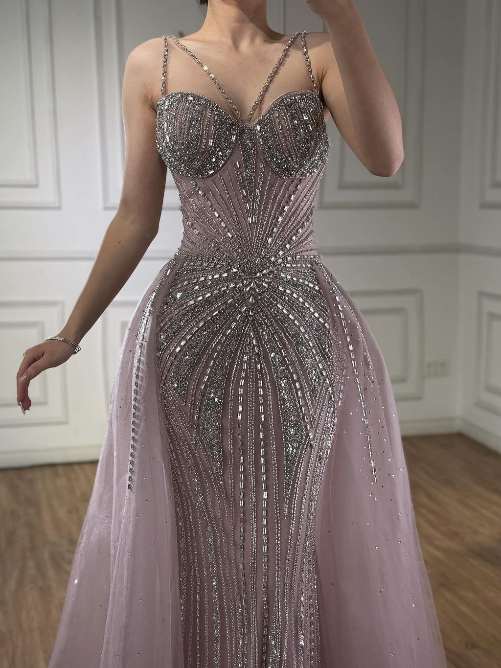 Luxury Nude Spaghetti Strap Mermaid Evening Dress with Overskirt Beaded CLA73090A