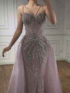 Luxury Nude Spaghetti Strap Mermaid Evening Dress with Overskirt Beaded CLA73090A