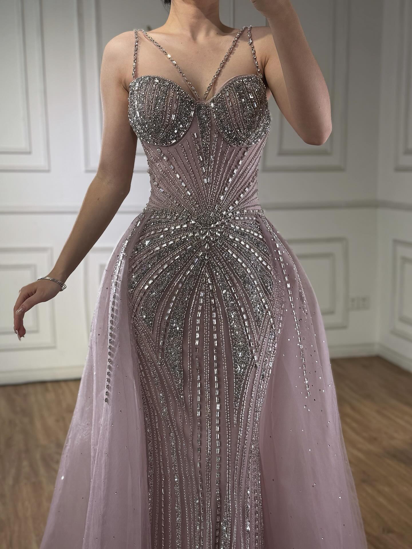 Luxury Nude Spaghetti Strap Mermaid Evening Dress with Overskirt Beaded CLA73090A