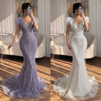 Luxury Purple Crystal Beaded Mermaid Dress with Feathers LA73098A