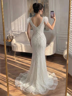 Luxury Purple Crystal Beaded Mermaid Dress with Feathers LA73098A