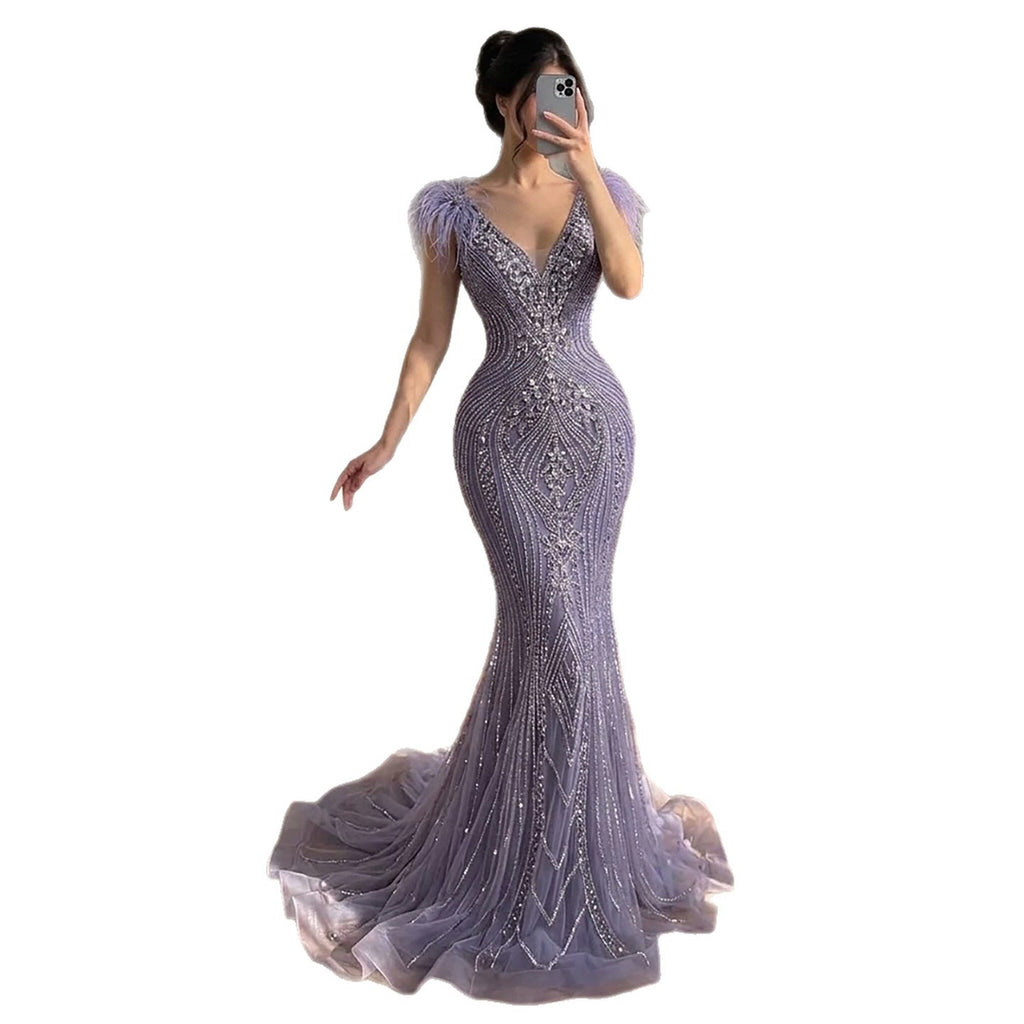 Luxury Purple Crystal Beaded Mermaid Dress with Feathers LA73098A