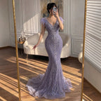 Luxury Purple Crystal Beaded Mermaid Dress with Feathers LA73098A