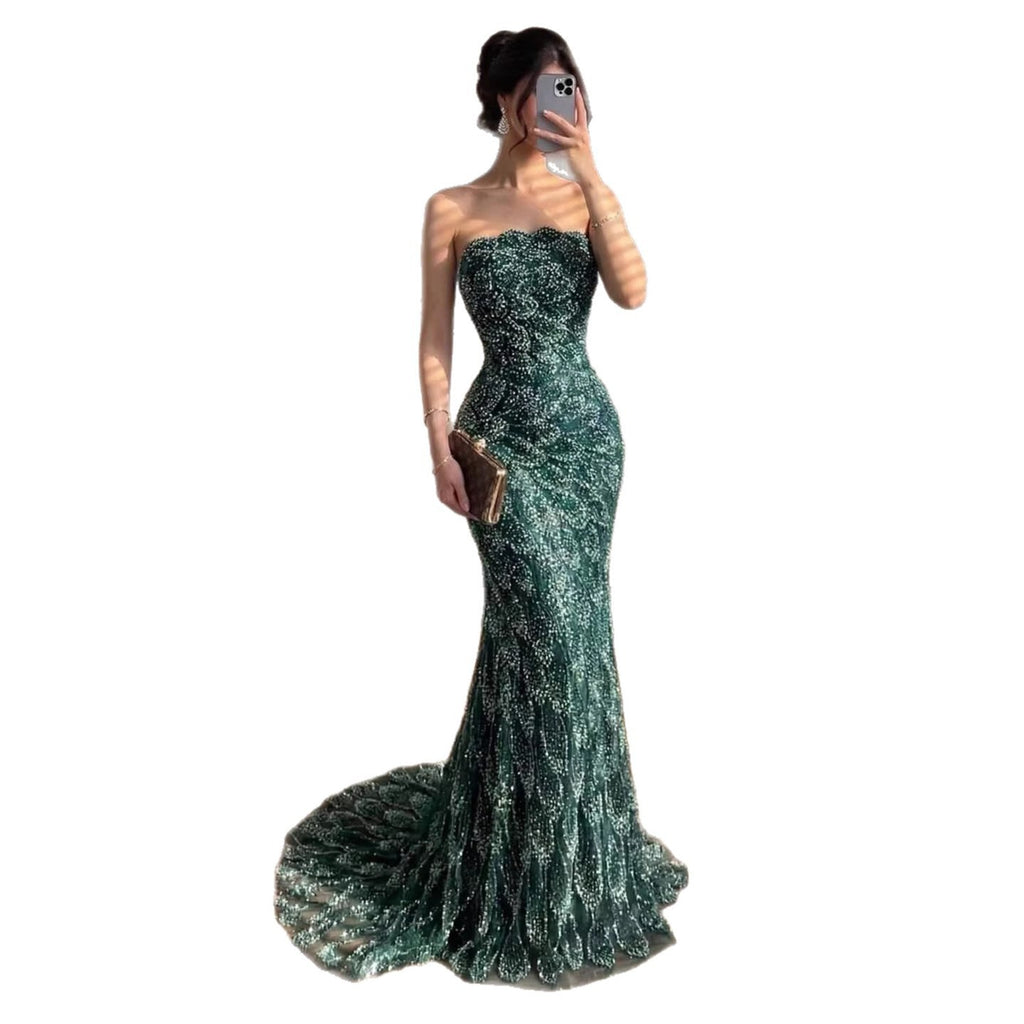 Luxury Green Strapless Beaded Mermaid Evening Dress CLA73117A