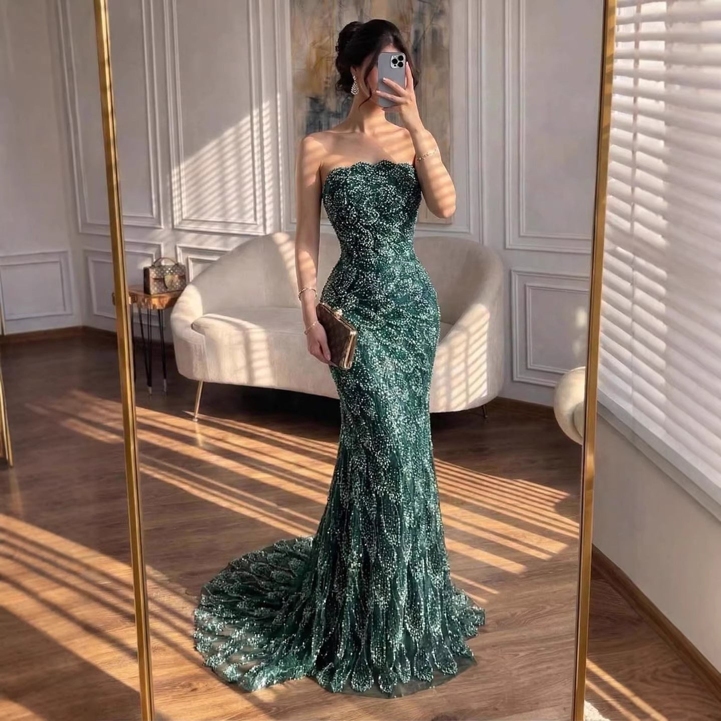 Luxury Green Strapless Beaded Mermaid Evening Dress CLA73117A