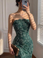 Luxury Green Strapless Beaded Mermaid Evening Dress CLA73117A