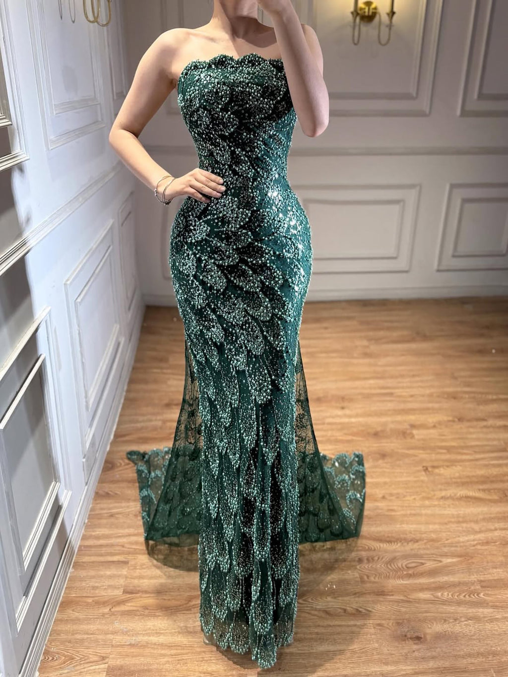 Luxury Green Strapless Beaded Mermaid Evening Dress CLA73117A
