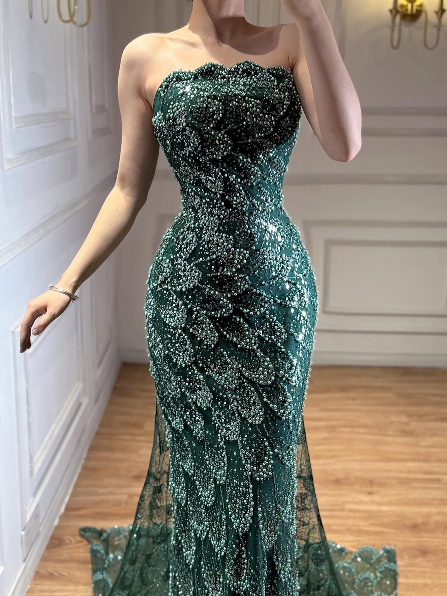 Luxury Green Strapless Beaded Mermaid Evening Dress CLA73117A