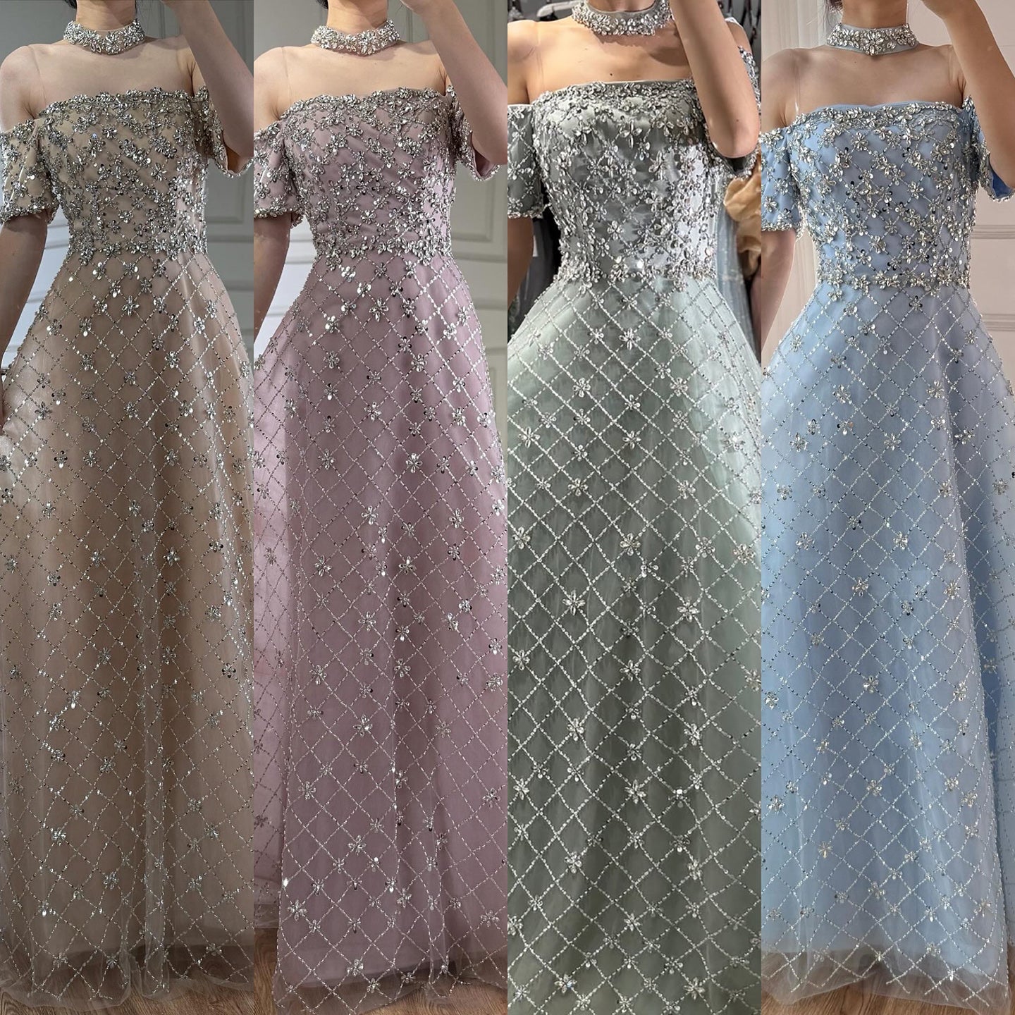 Luxury Nude Sliver Off Shoulder Beaded Crystal A-Line Evening Dress CLA73122