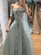 Luxury Nude Sliver Off Shoulder Beaded Crystal A-Line Evening Dress CLA73122