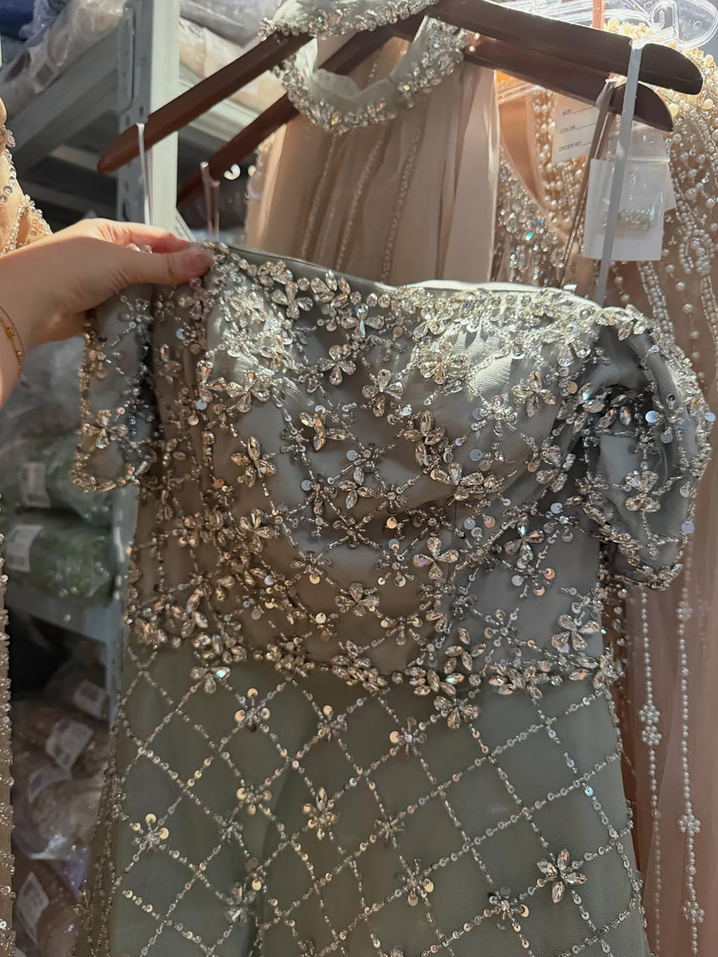 Luxury Nude Sliver Off Shoulder Beaded Crystal A-Line Evening Dress CLA73122