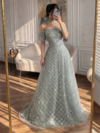 Luxury Nude Sliver Off Shoulder Beaded Crystal A-Line Evening Dress CLA73122