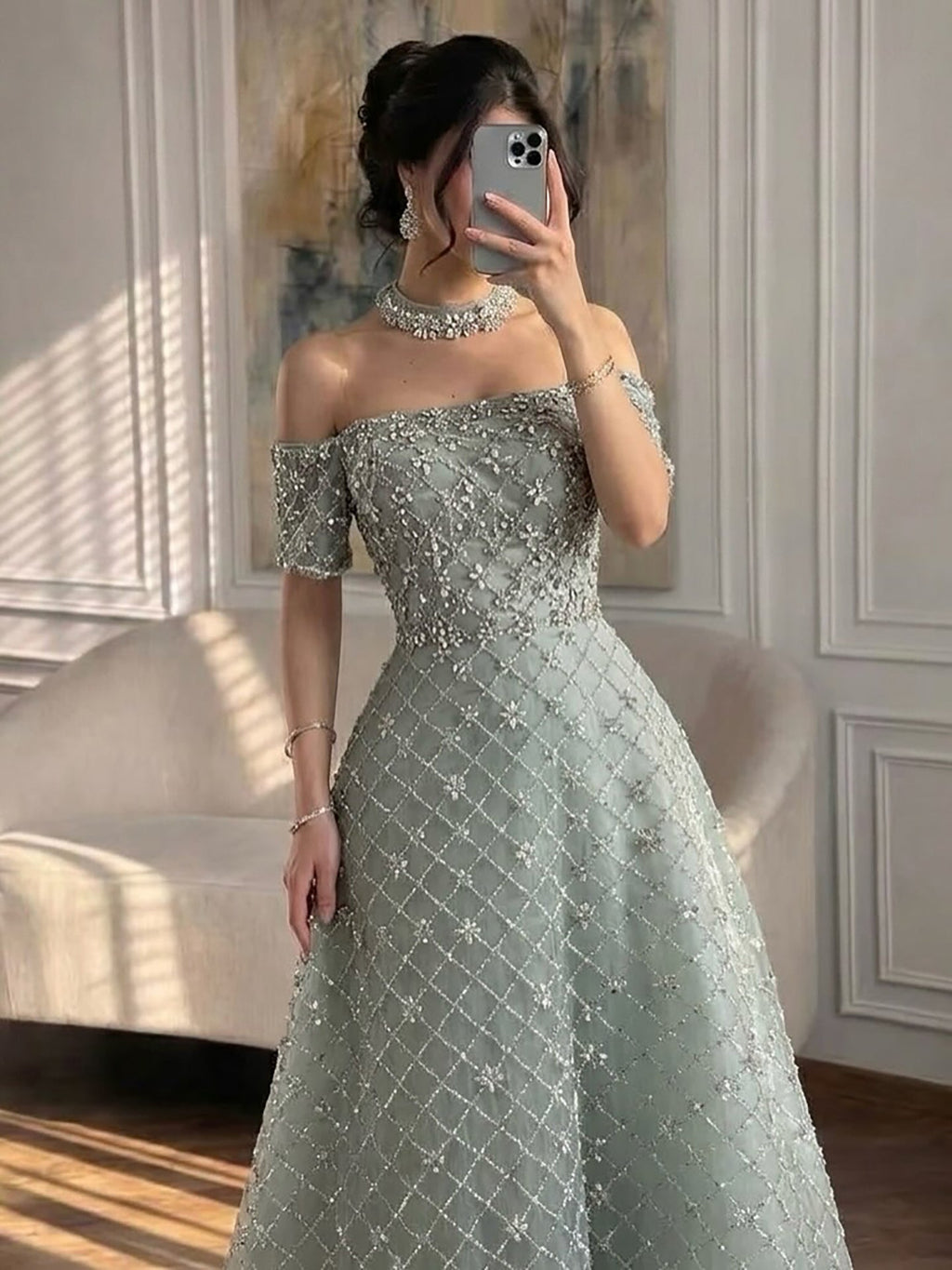 Luxury Nude Sliver Off Shoulder Beaded Crystal A-Line Evening Dress CLA73122