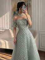 Luxury Nude Sliver Off Shoulder Beaded Crystal A-Line Evening Dress CLA73122