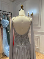 Luxury Silver Chiffon Cape Evening Dress with Beaded Bodice LA73123