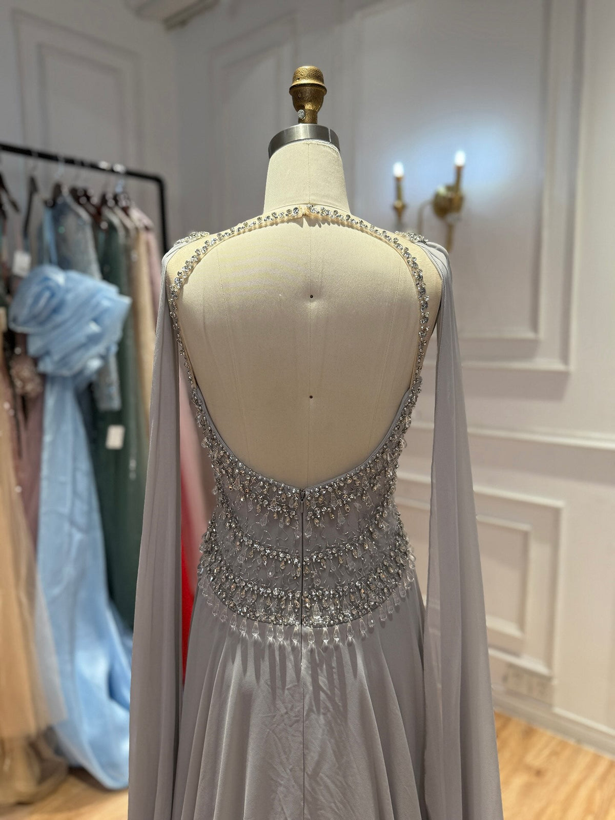 Luxury Silver Chiffon Cape Evening Dress with Beaded Bodice LA73123