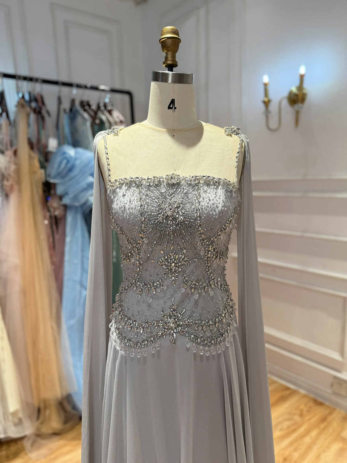 Luxury Silver Chiffon Cape Evening Dress with Beaded Bodice LA73123