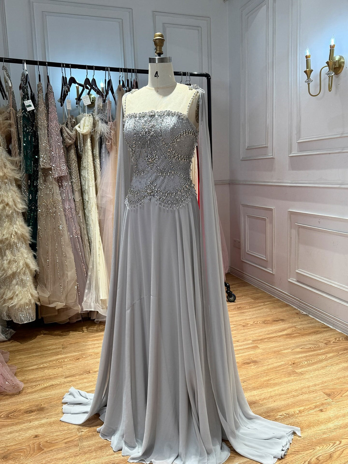 Luxury Silver Chiffon Cape Evening Dress with Beaded Bodice LA73123