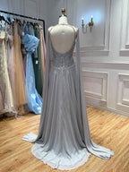 Luxury Silver Chiffon Cape Evening Dress with Beaded Bodice LA73123