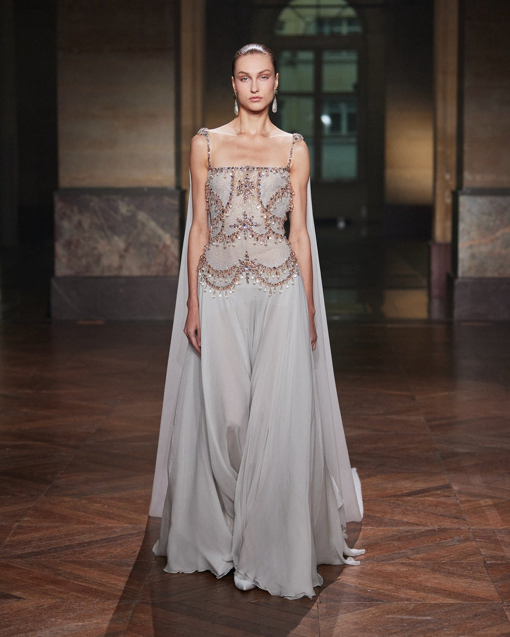 Luxury Silver Chiffon Cape Evening Dress with Beaded Bodice LA73123