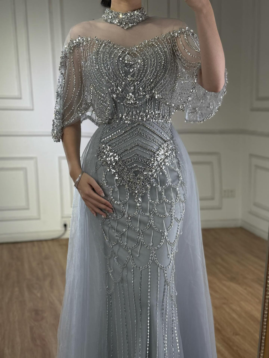 Lebanon Luxury Gray Beaded Evening Dress With Jacket CLA73129