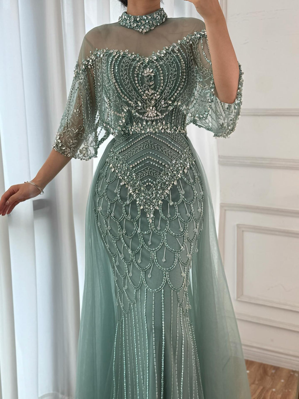 Lebanon Luxury Gray Beaded Evening Dress With Jacket CLA73129
