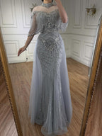Lebanon Luxury Gray Beaded Evening Dress With Jacket CLA73129