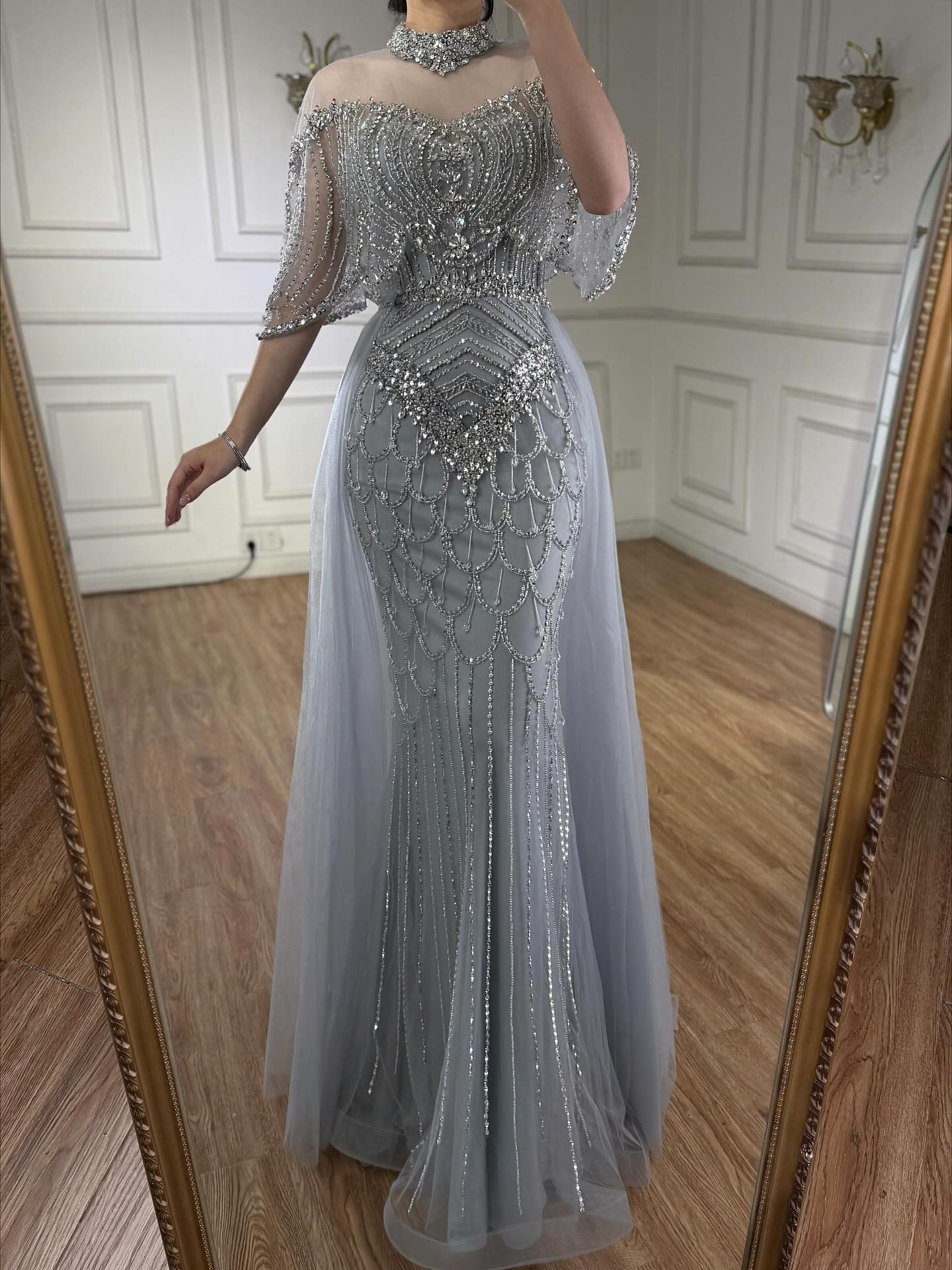 Lebanon Luxury Gray Beaded Evening Dress With Jacket CLA73129