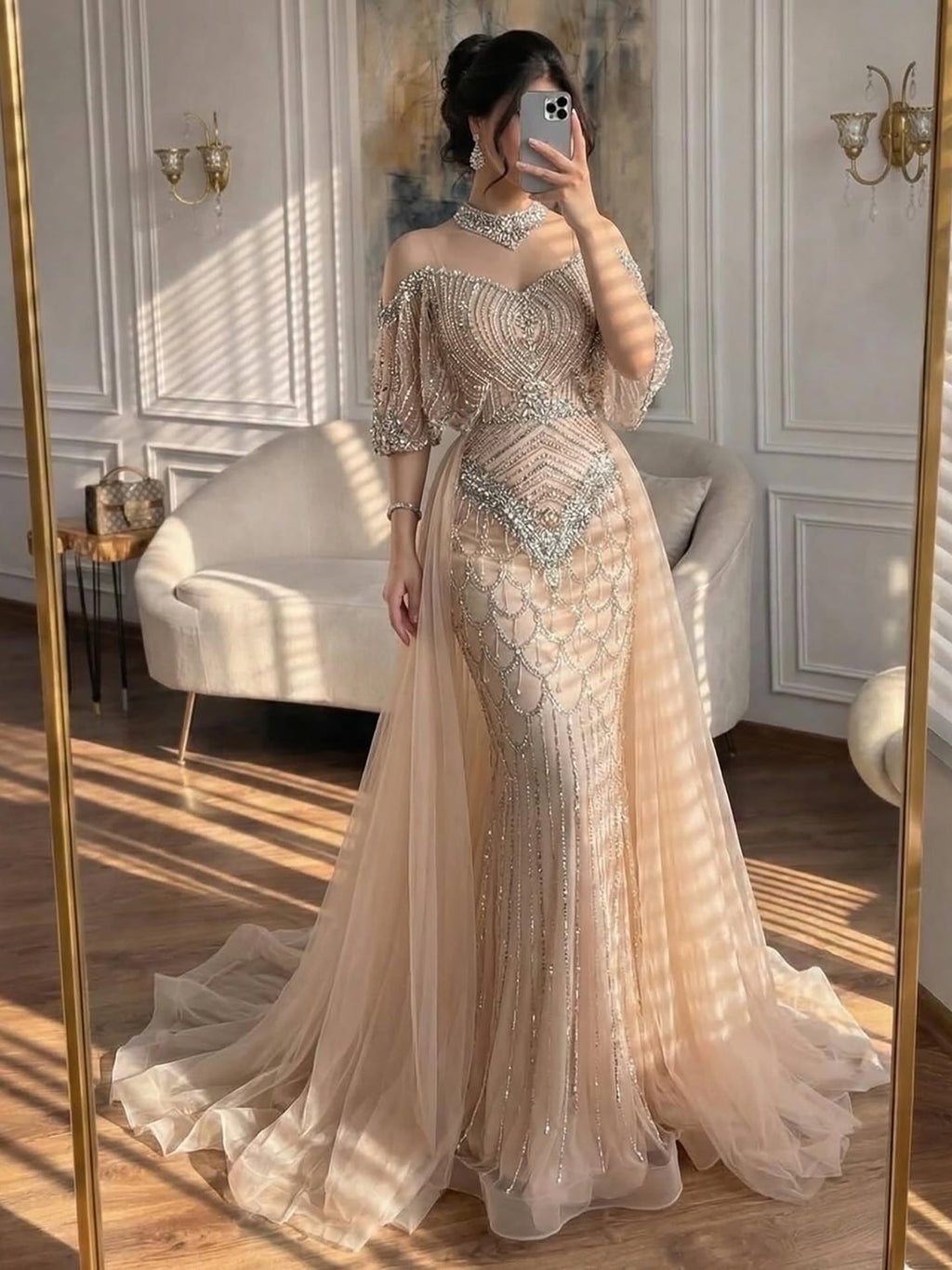 Lebanon Luxury Gray Beaded Evening Dress With Jacket CLA73129