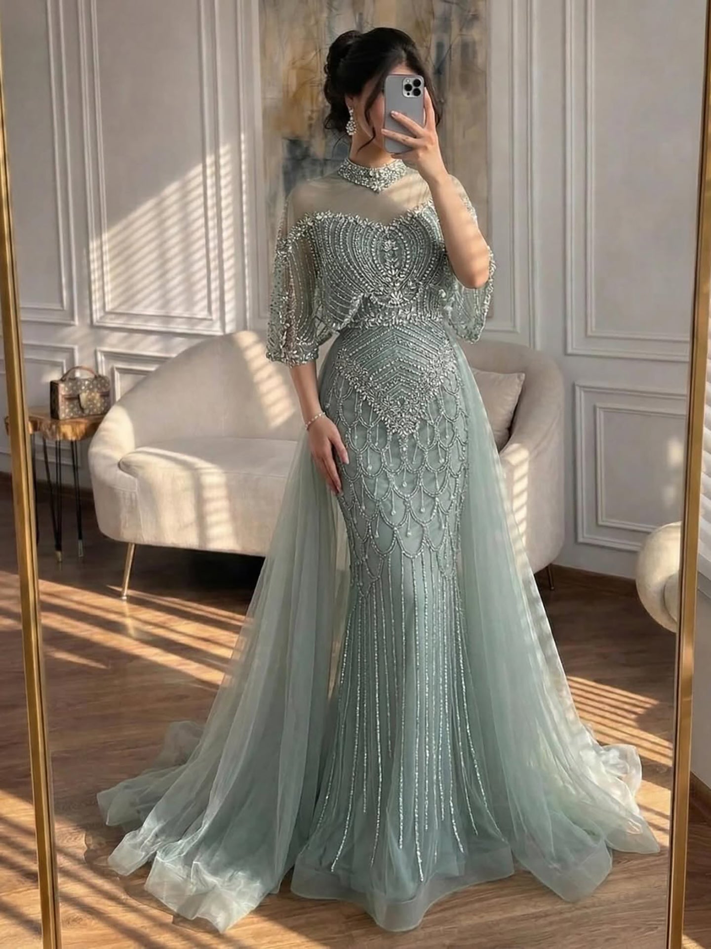 Lebanon Luxury Gray Beaded Evening Dress With Jacket CLA73129