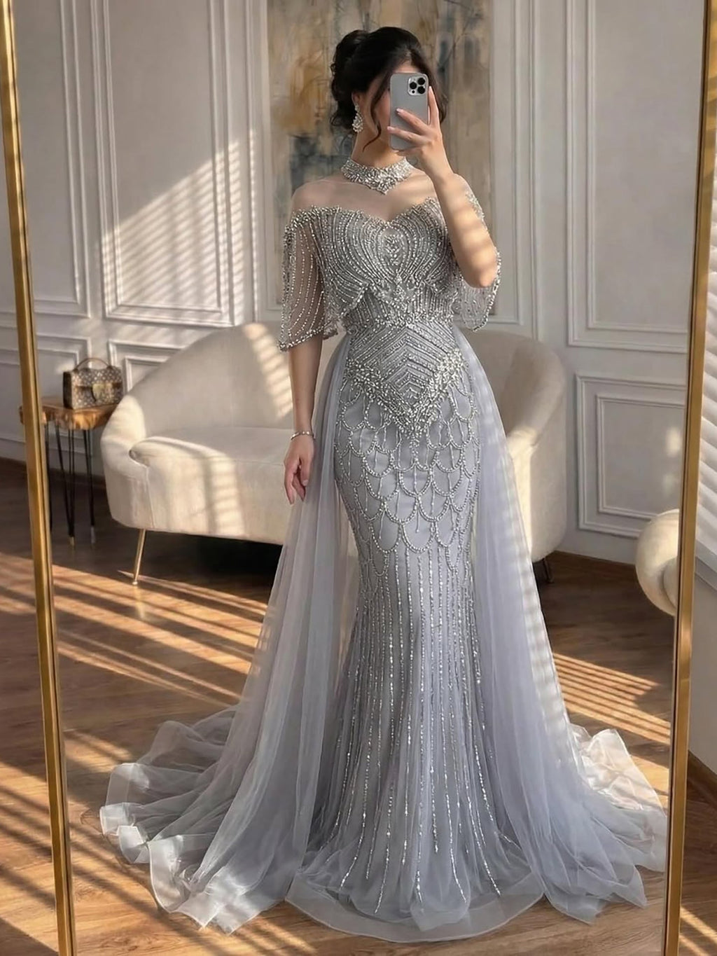 Lebanon Luxury Gray Beaded Evening Dress With Jacket CLA73129