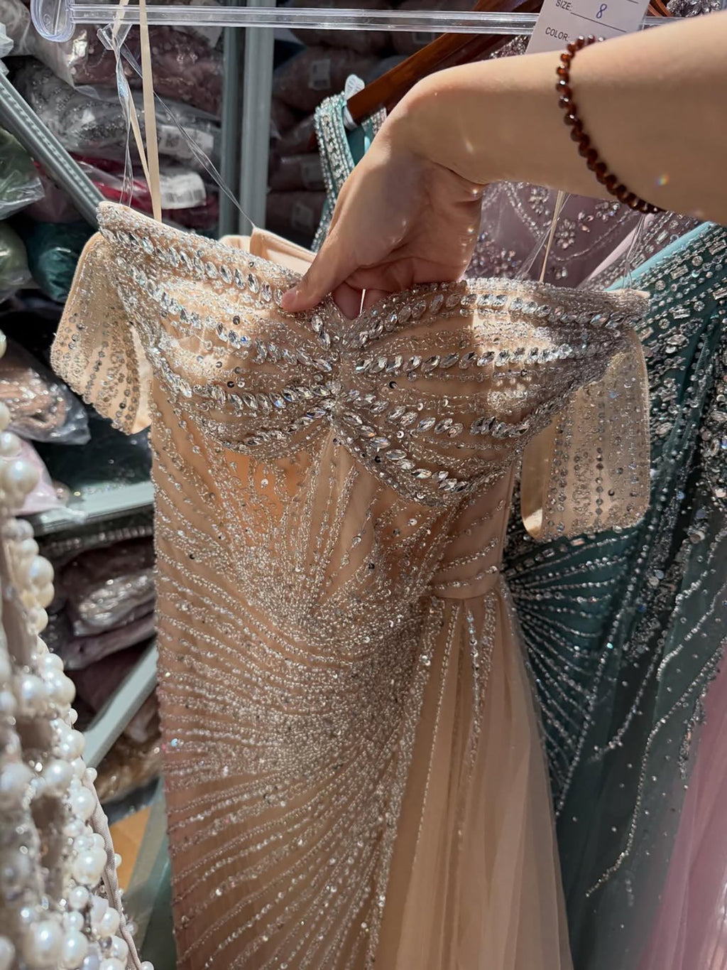 Luxury Nude Off Shoulder Beaded Mermaid Gown with Overskirt LA73139A