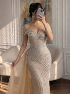 Luxury Nude Off Shoulder Beaded Mermaid Gown with Overskirt LA73139A