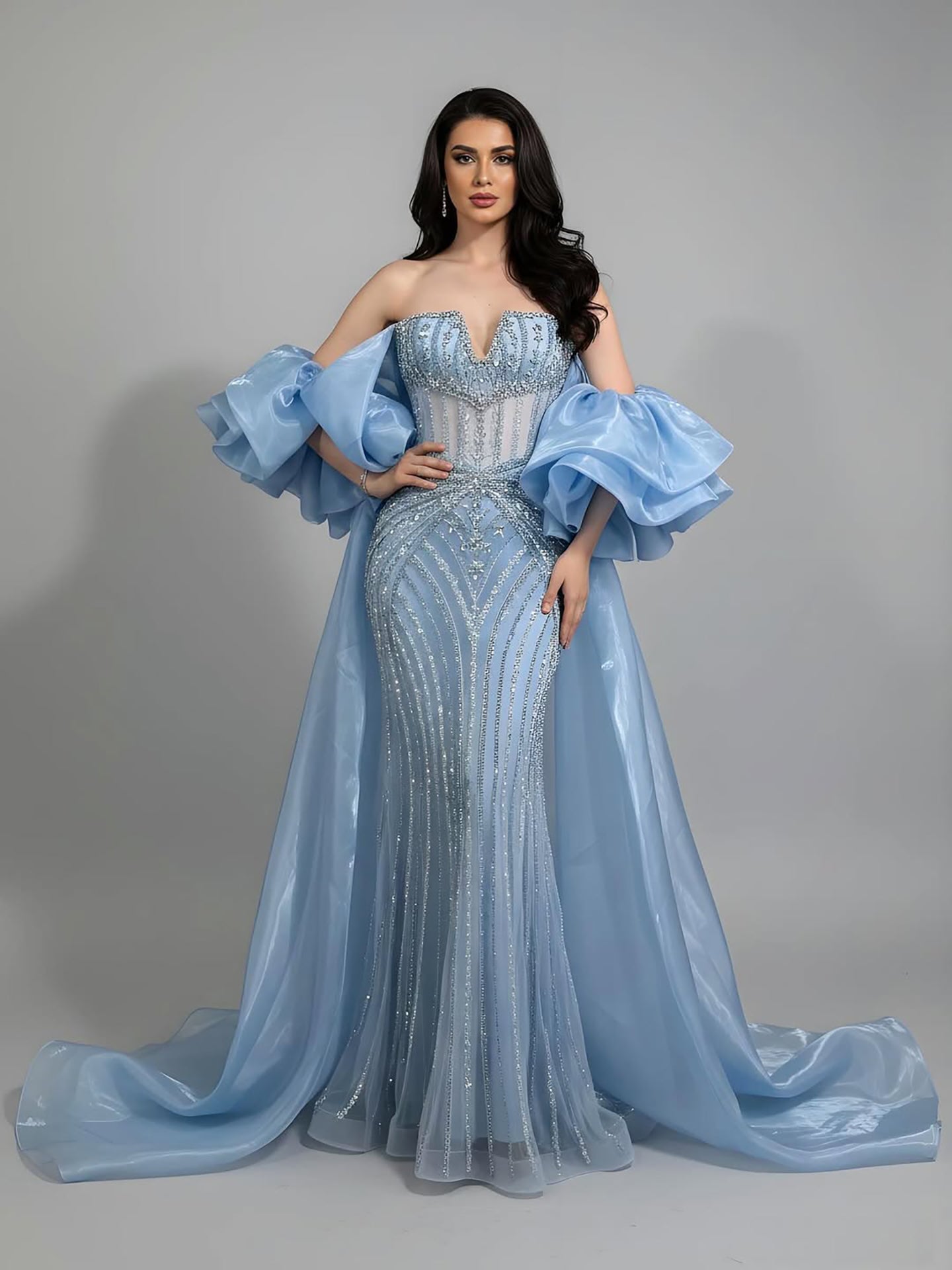 Arabic Luxury Beaded Mermaid Evening Dress With Detachable Overskirt Women Wedding Party Gown CLA73141