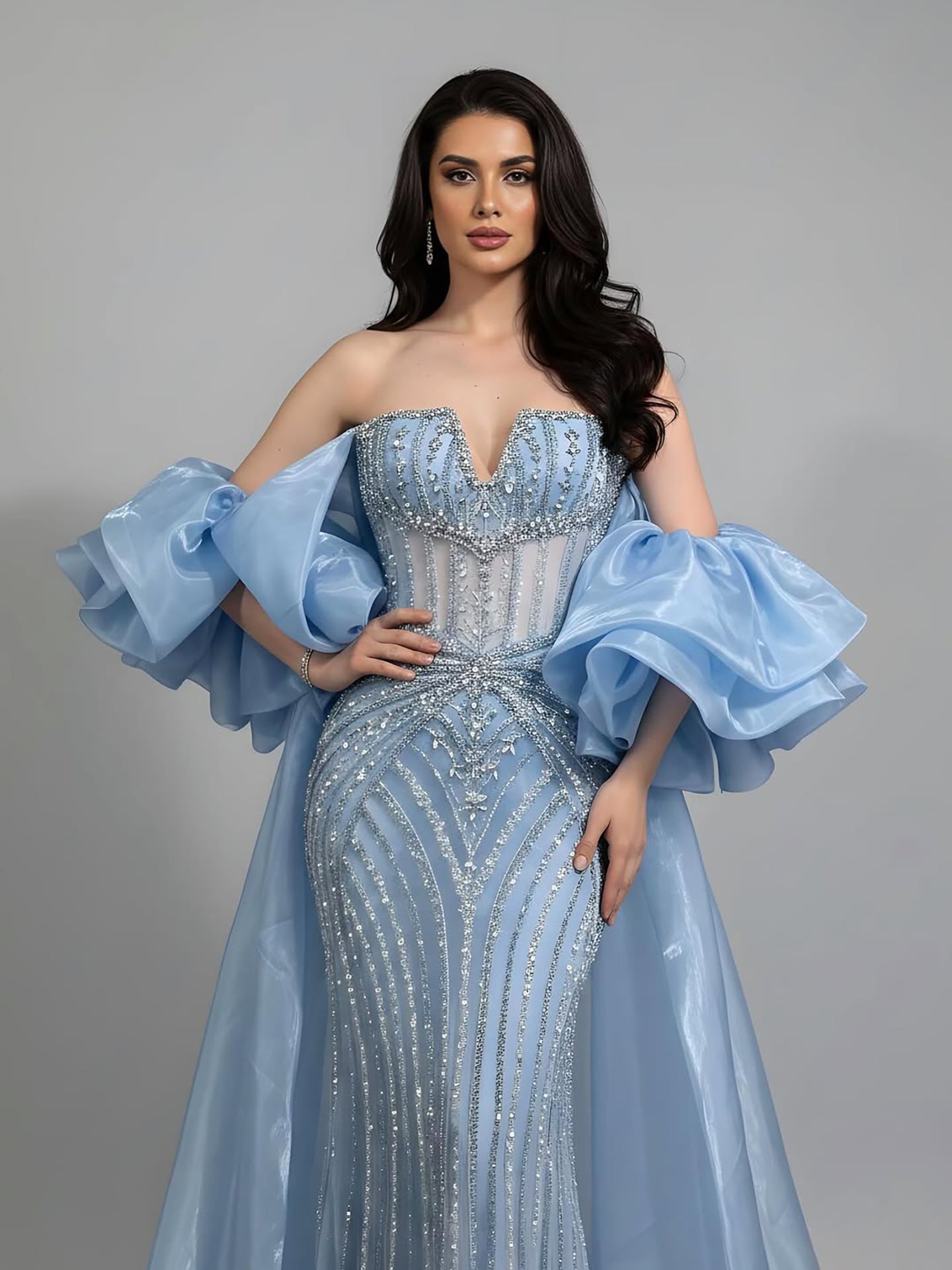 Arabic Luxury Beaded Mermaid Evening Dress With Detachable Overskirt Women Wedding Party Gown CLA73141