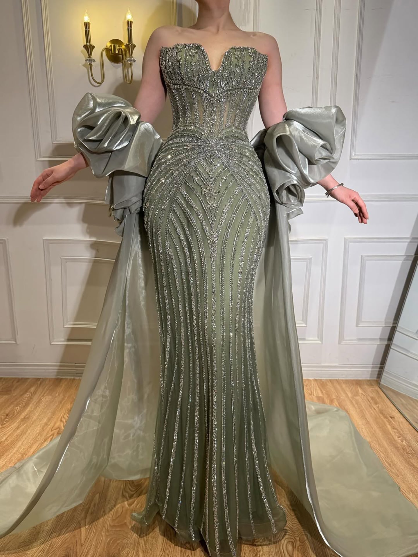 Arabic Luxury Beaded Mermaid Evening Dress With Detachable Overskirt Women Wedding Party Gown CLA73141