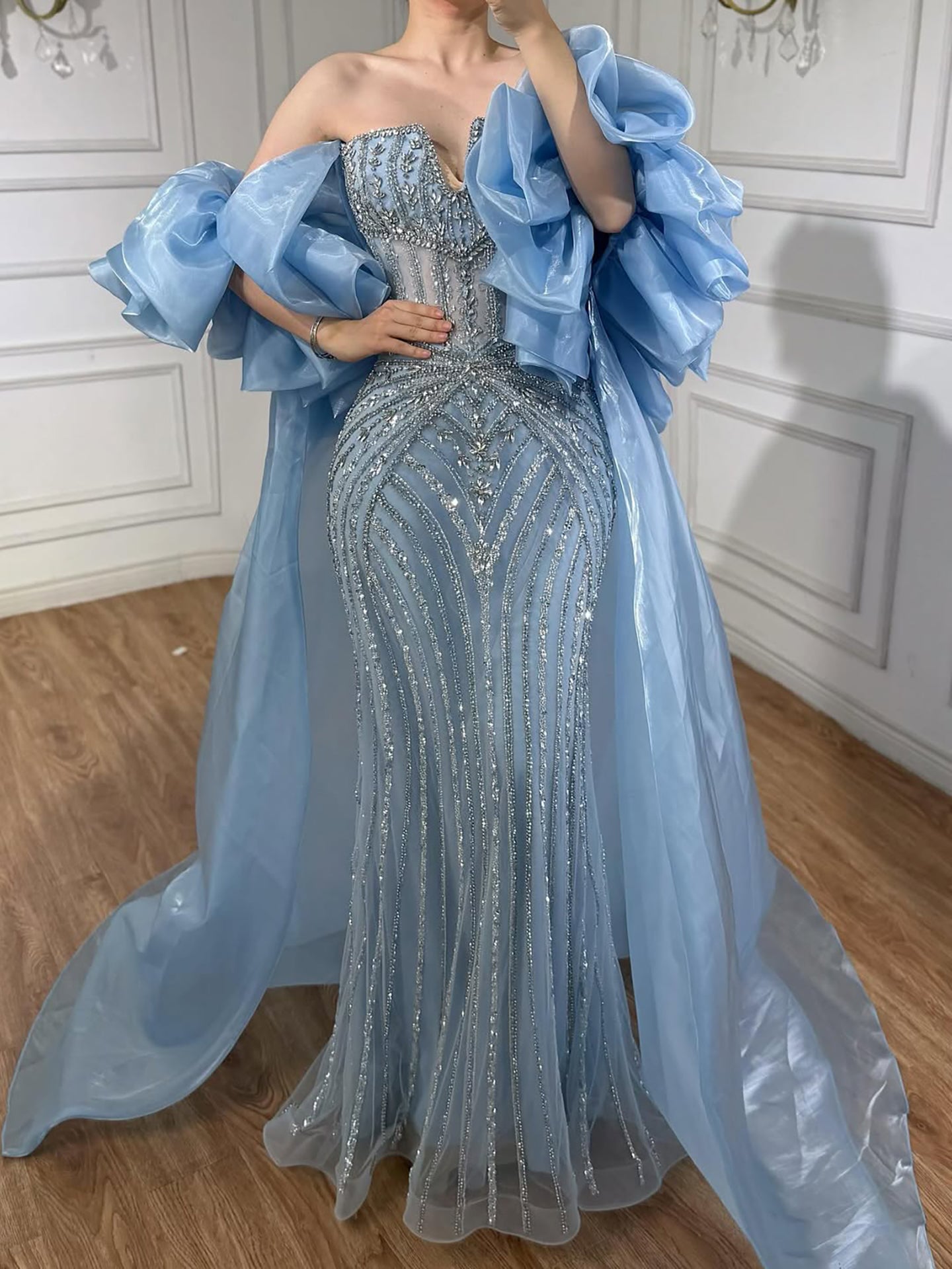 Arabic Luxury Beaded Mermaid Evening Dress With Detachable Overskirt Women Wedding Party Gown CLA73141