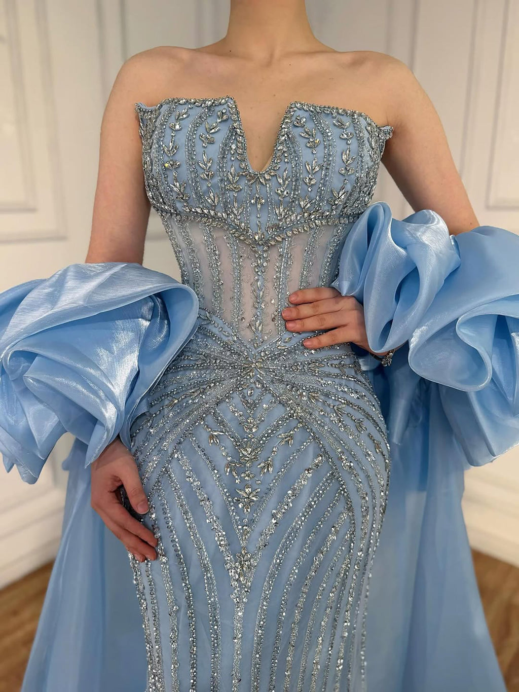 Arabic Luxury Beaded Mermaid Evening Dress With Detachable Overskirt Women Wedding Party Gown CLA73141