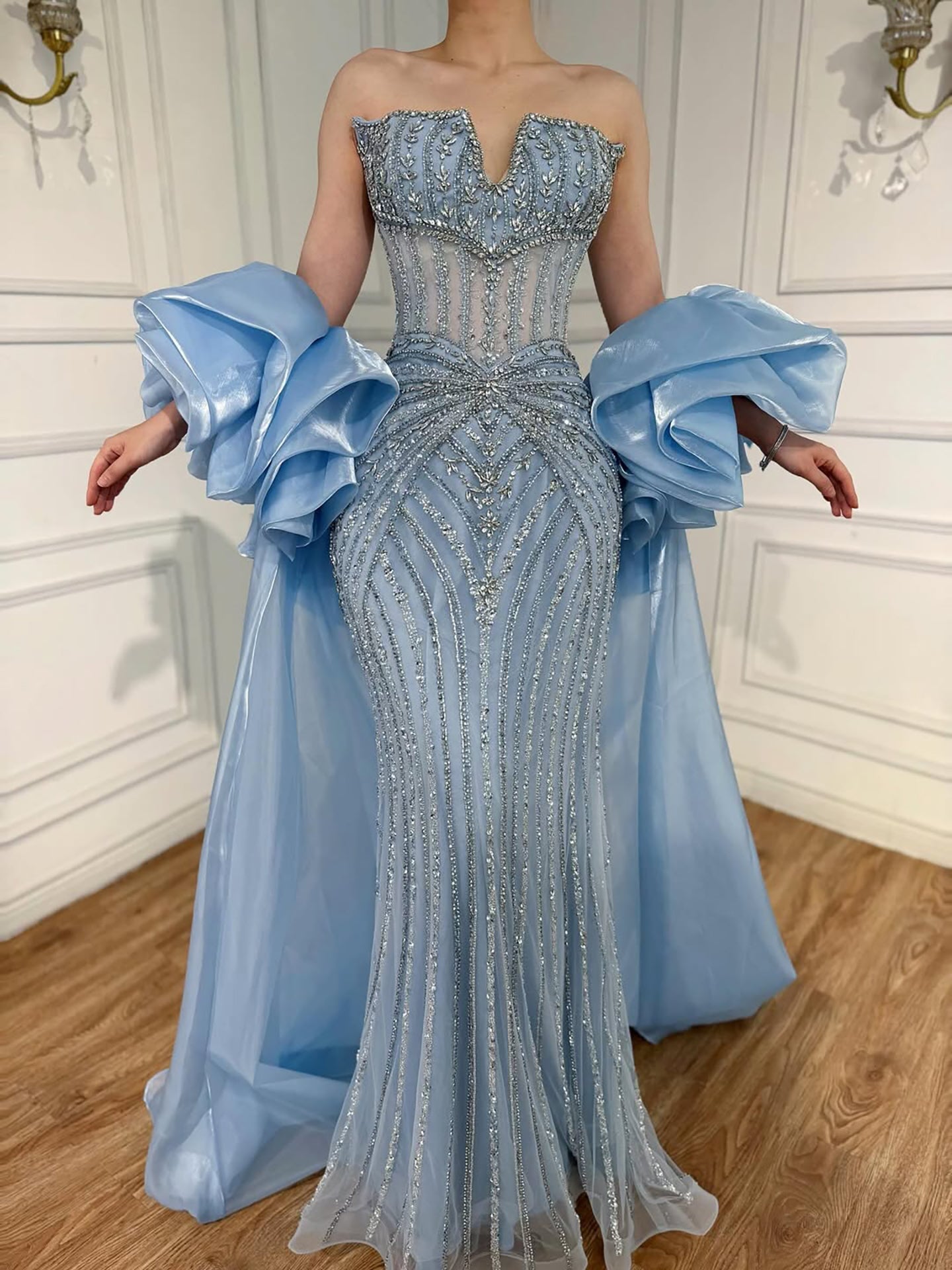 Arabic Luxury Beaded Mermaid Evening Dress With Detachable Overskirt Women Wedding Party Gown CLA73141