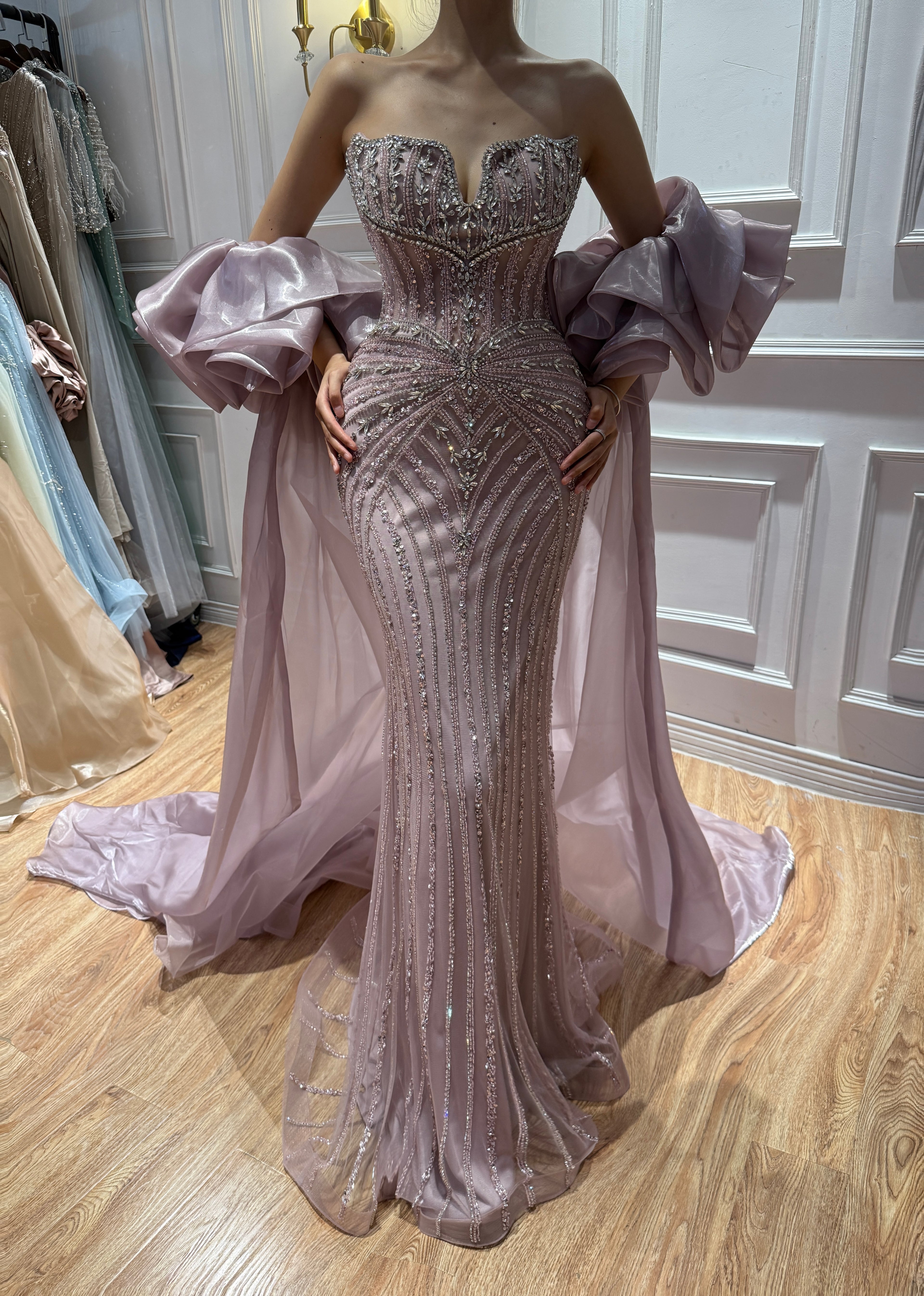 Arabic Luxury Beaded Mermaid Evening Dress With Detachable Overskirt Women Wedding Party Gown CLA73141