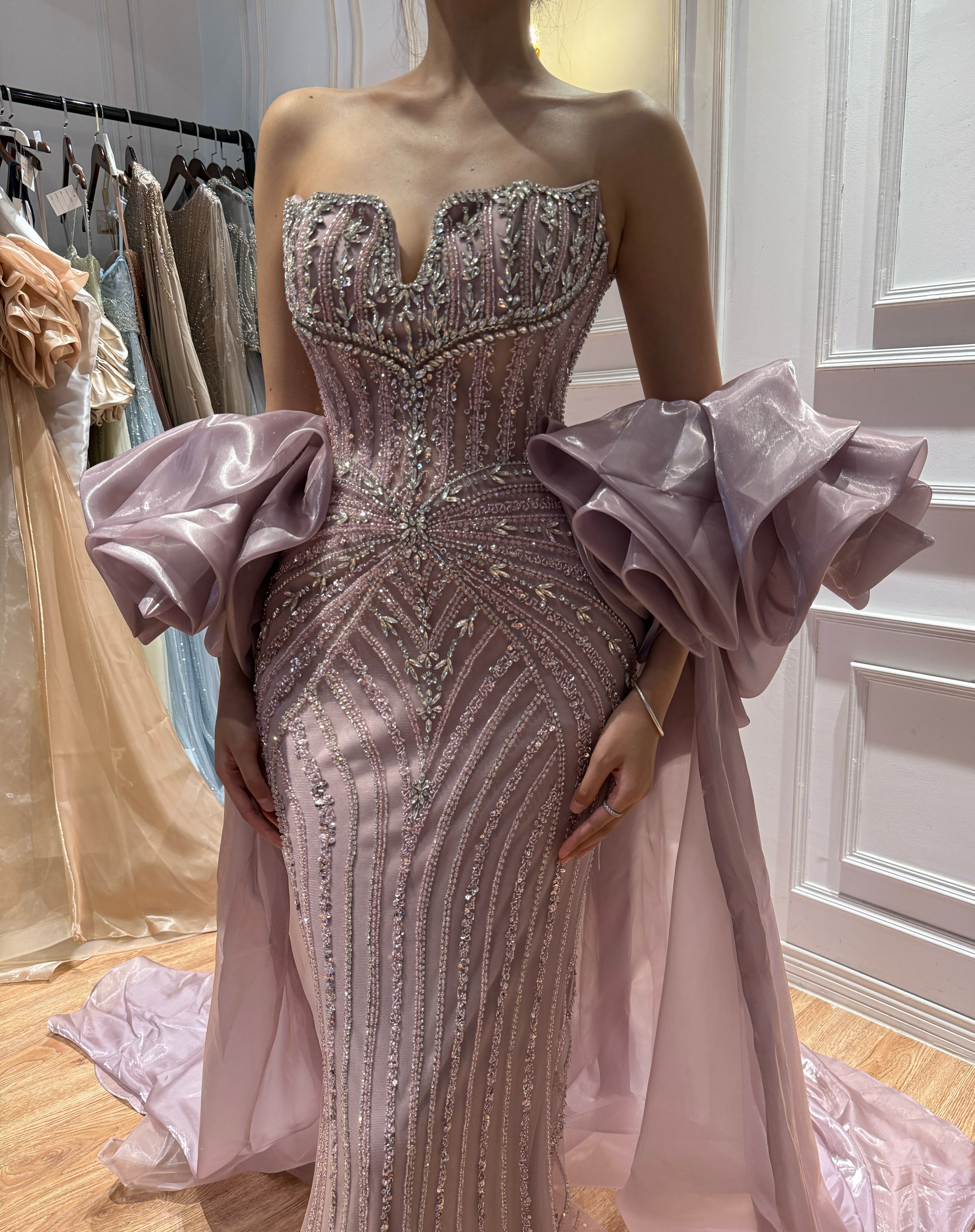 Arabic Luxury Beaded Mermaid Evening Dress With Detachable Overskirt Women Wedding Party Gown CLA73141