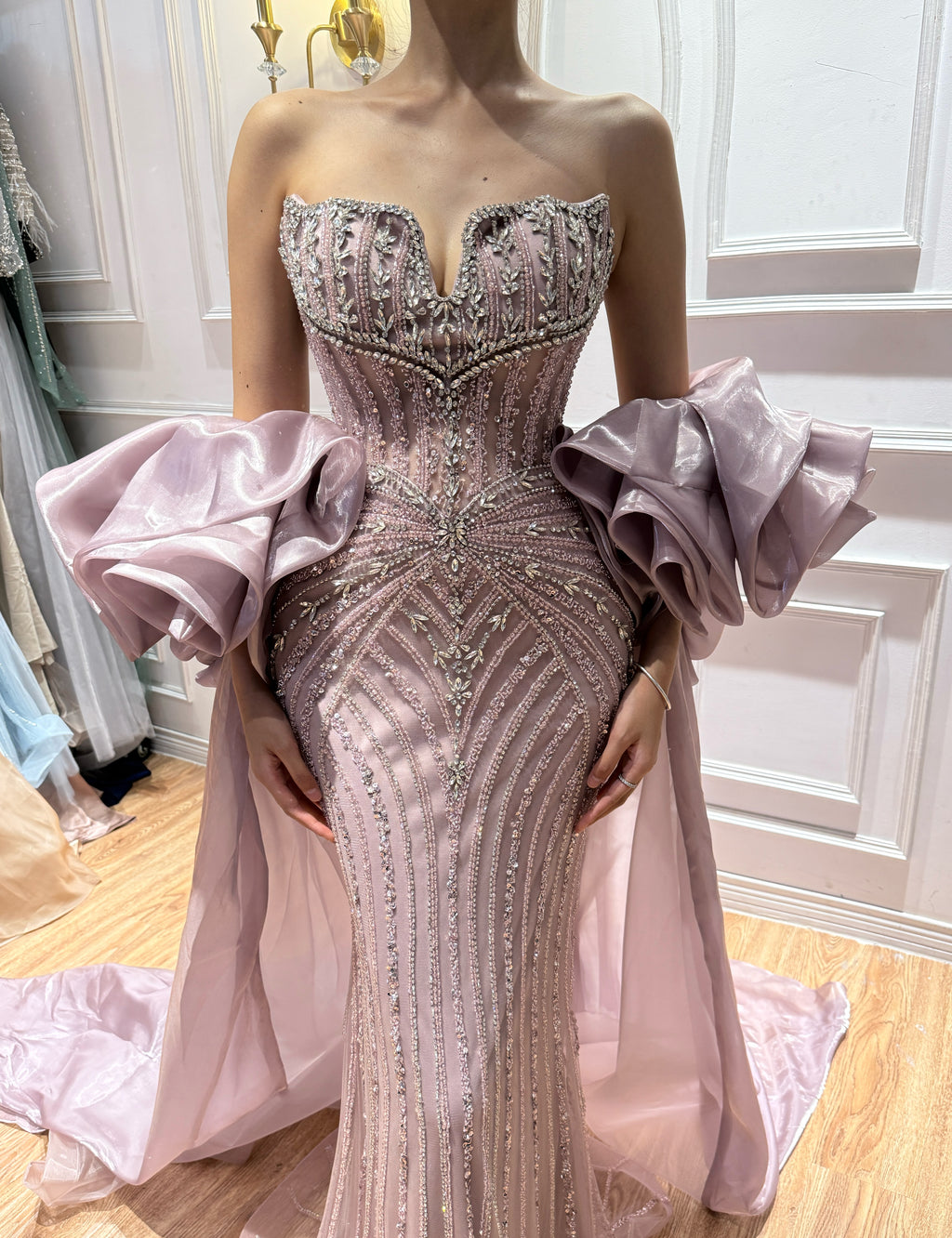 Arabic Luxury Beaded Mermaid Evening Dress With Detachable Overskirt Women Wedding Party Gown CLA73141