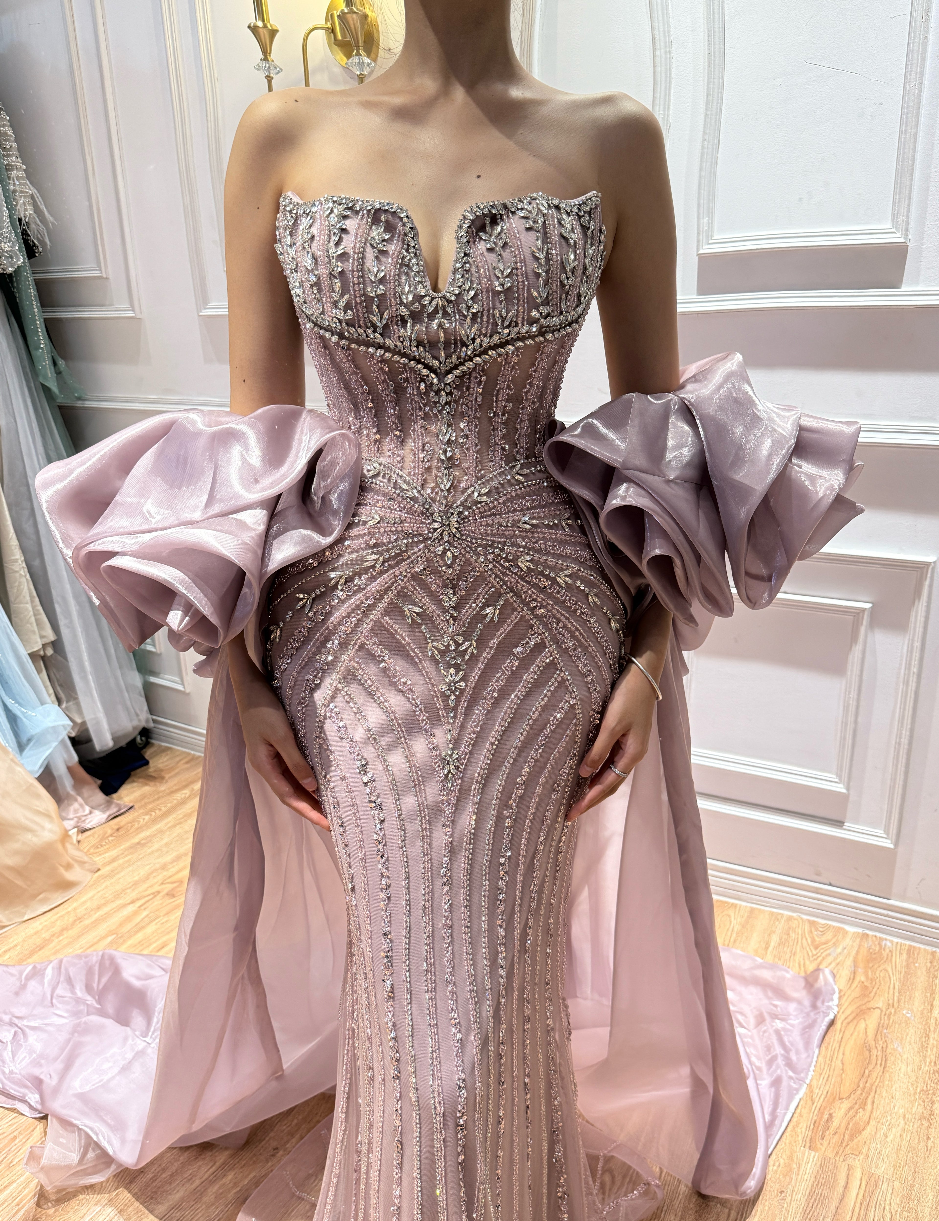 Arabic Luxury Beaded Mermaid Evening Dress With Detachable Overskirt Women Wedding Party Gown CLA73141