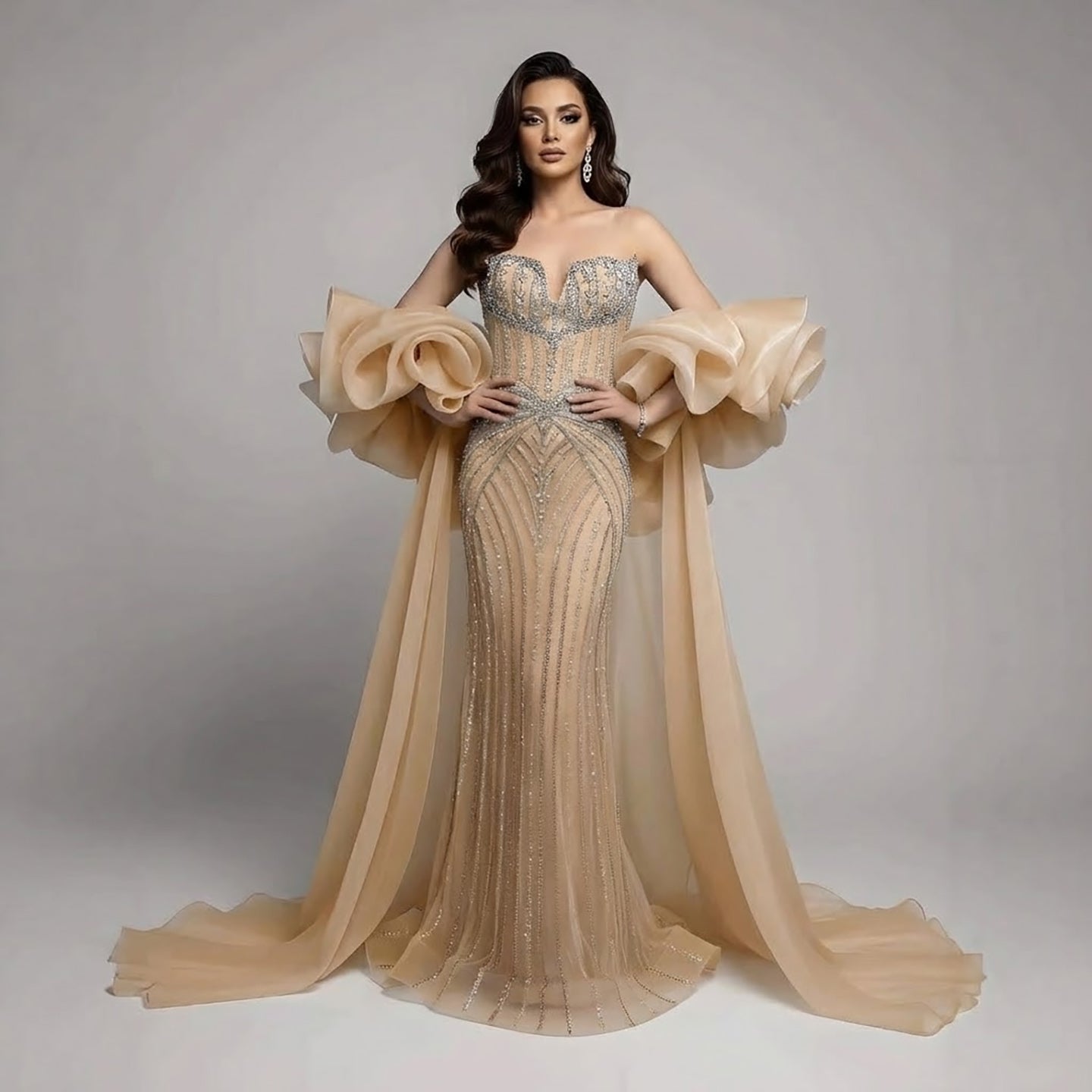 Arabic Luxury Beaded Mermaid Evening Dress With Detachable Overskirt Women Wedding Party Gown CLA73141