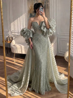 Arabic Luxury Beaded Mermaid Evening Dress With Detachable Overskirt Women Wedding Party Gown CLA73141