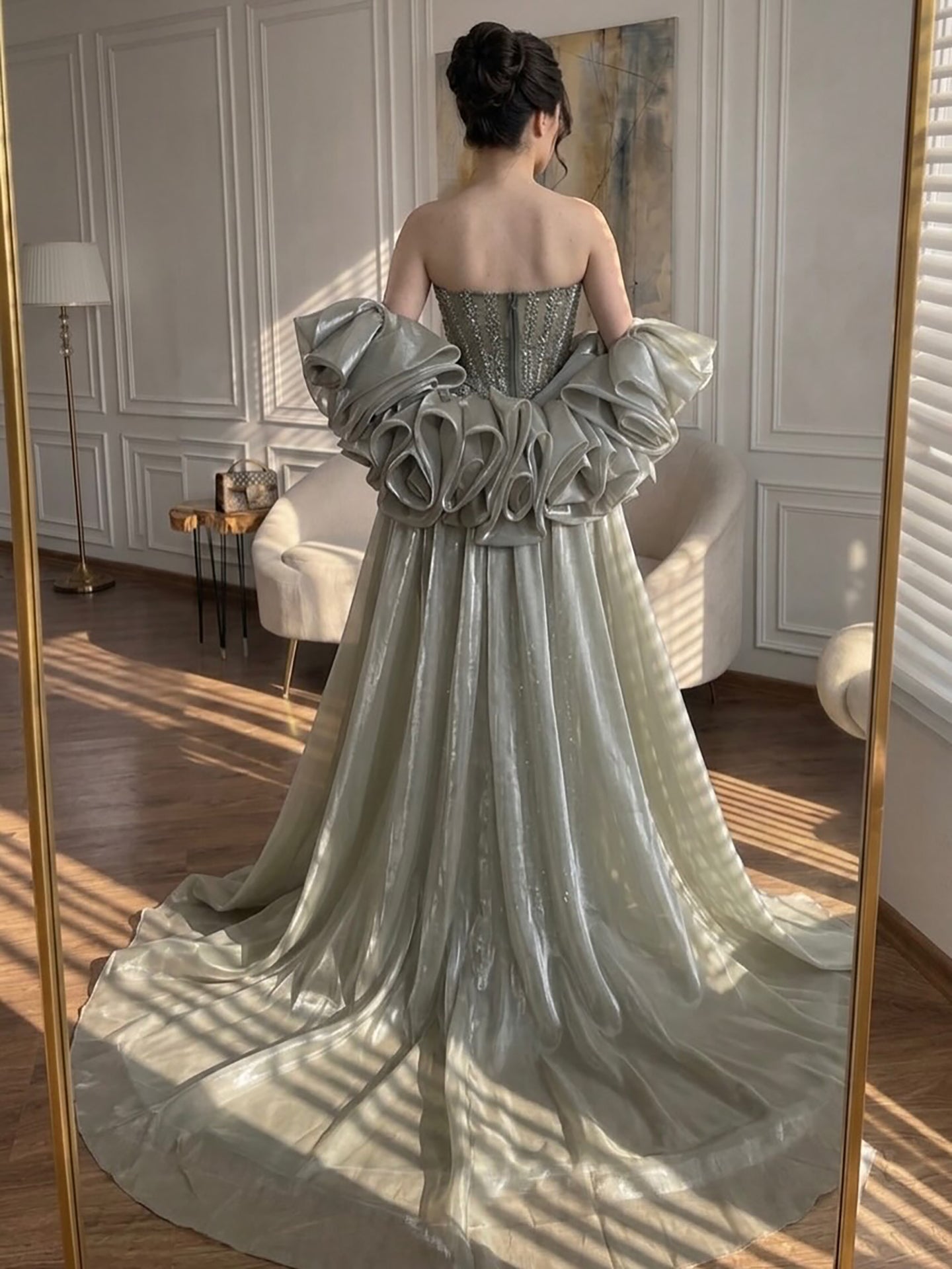 Arabic Luxury Beaded Mermaid Evening Dress With Detachable Overskirt Women Wedding Party Gown CLA73141