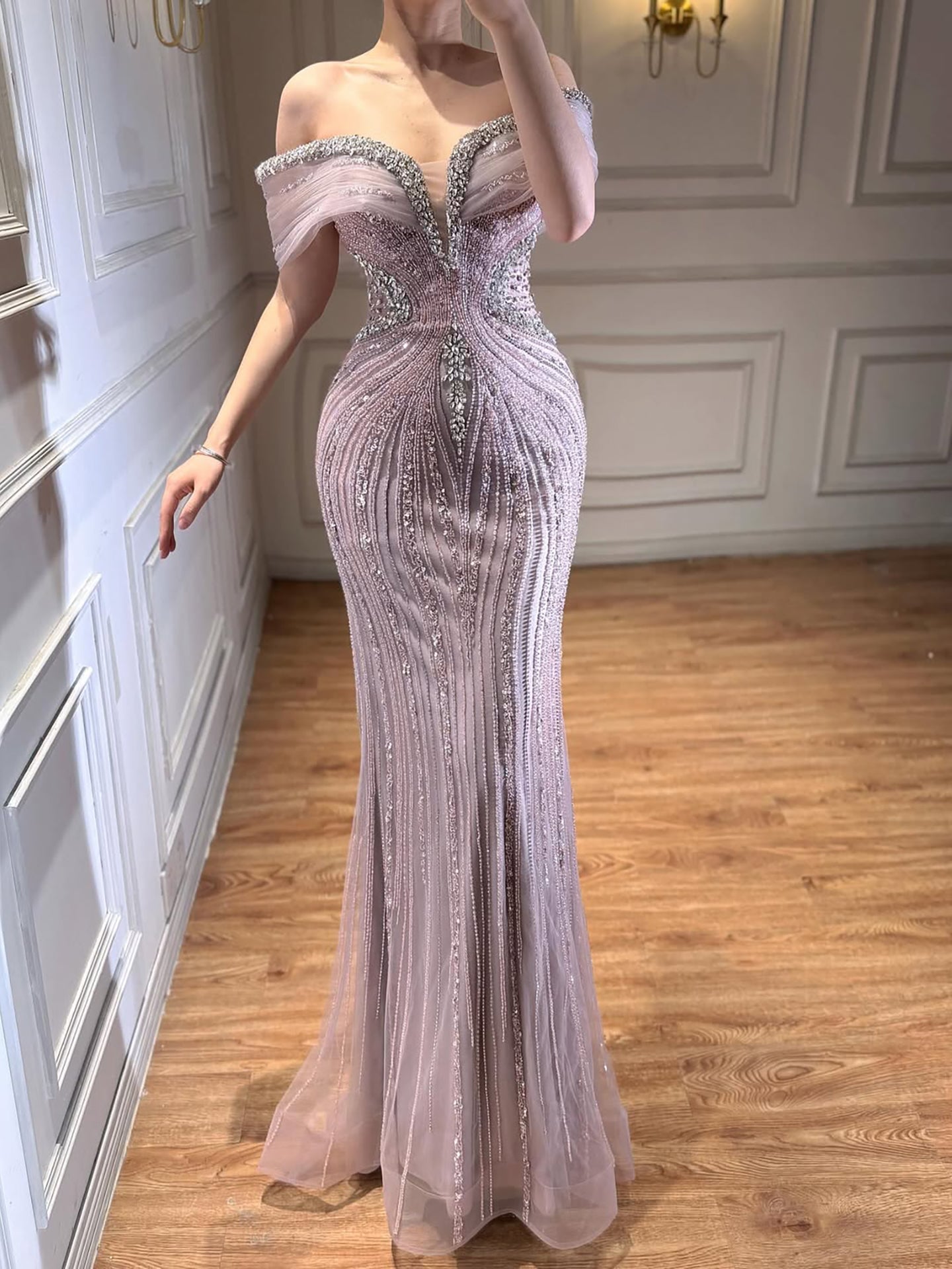 Arabic Luxury Beaded Off Shoulder Mermaid Evening Dress CLA73142A